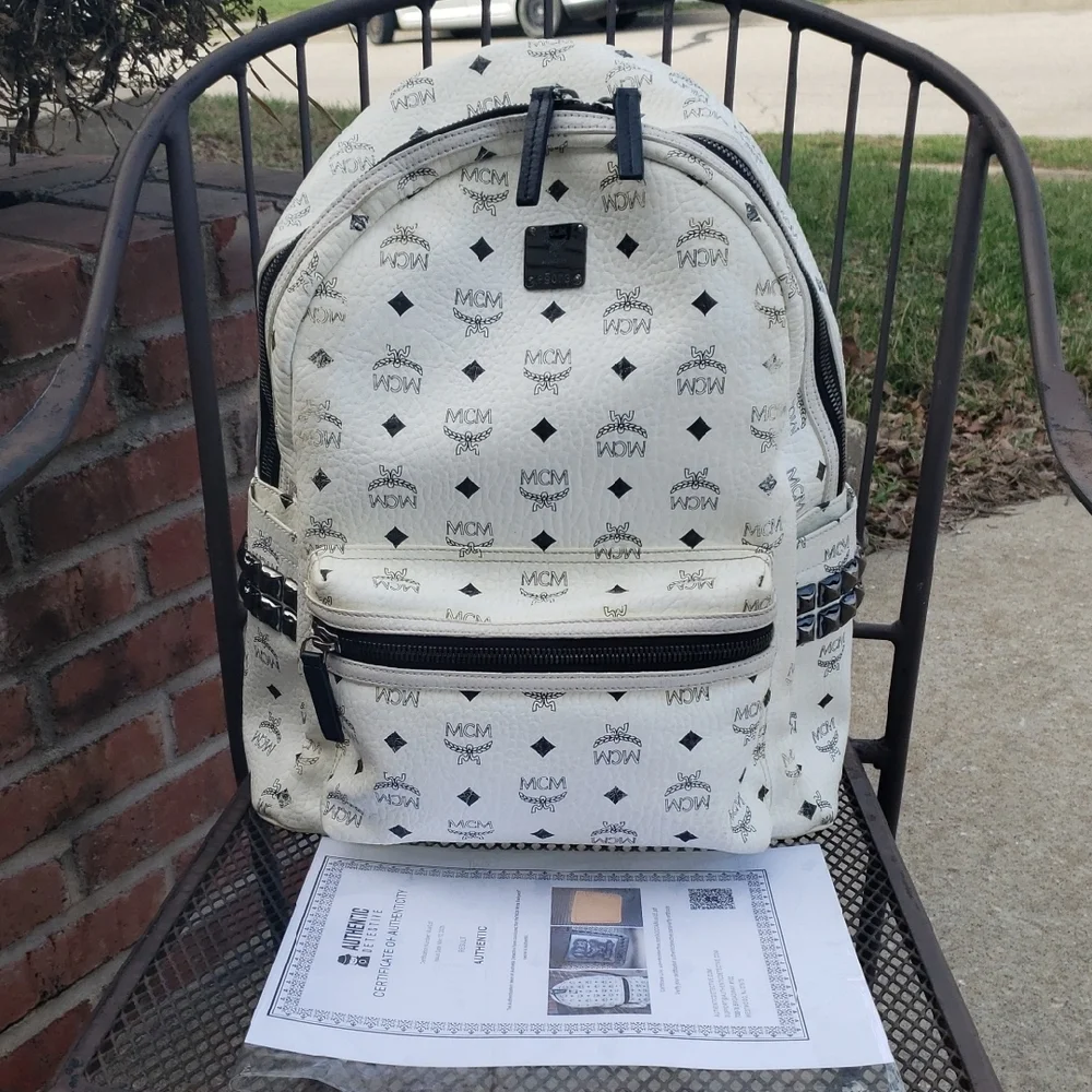 MCM Unisex Visetos Stark Studded Backpack White Black Monogram Luxury